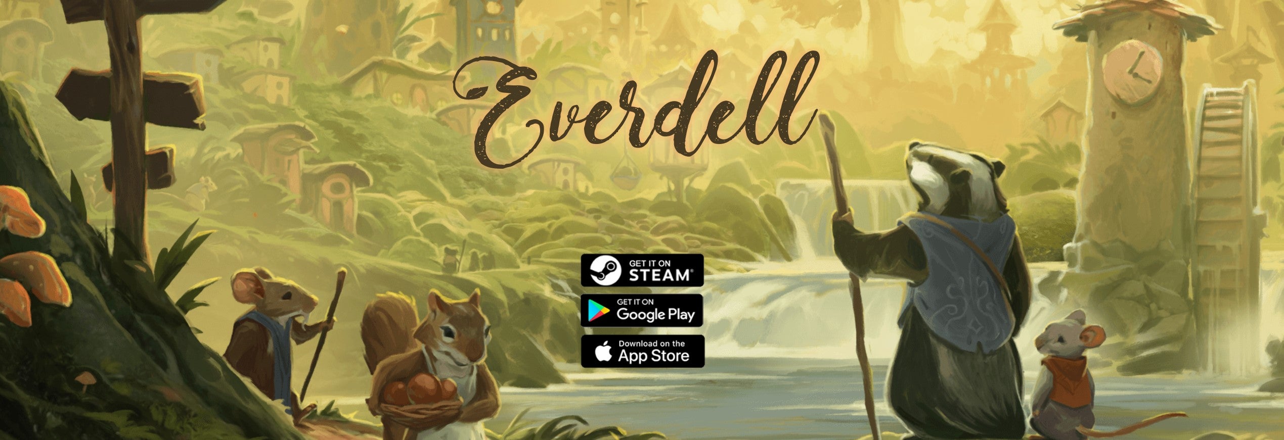Everdell Digital Edition from Dire Wolf Digital available on Steam, Google Play, and the Apple App Store. The harvester and gather walking along a river.