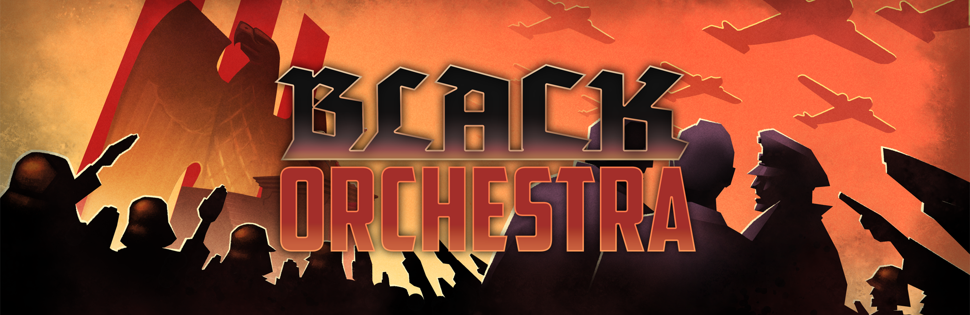 Black Orchestra board game logo. Cartoon stylized Nazi soldier silhouettes with bombers flying over head with a flame orange background.