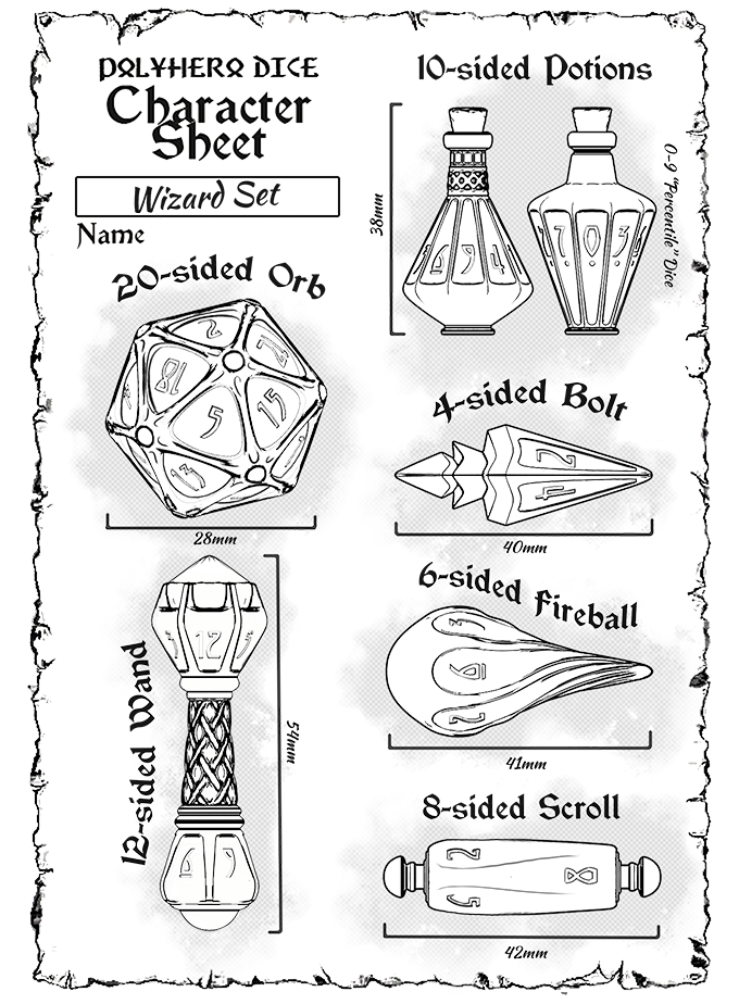 PolyHero Wizard collection dice set. D20, D12, D10, D8, D6, D4