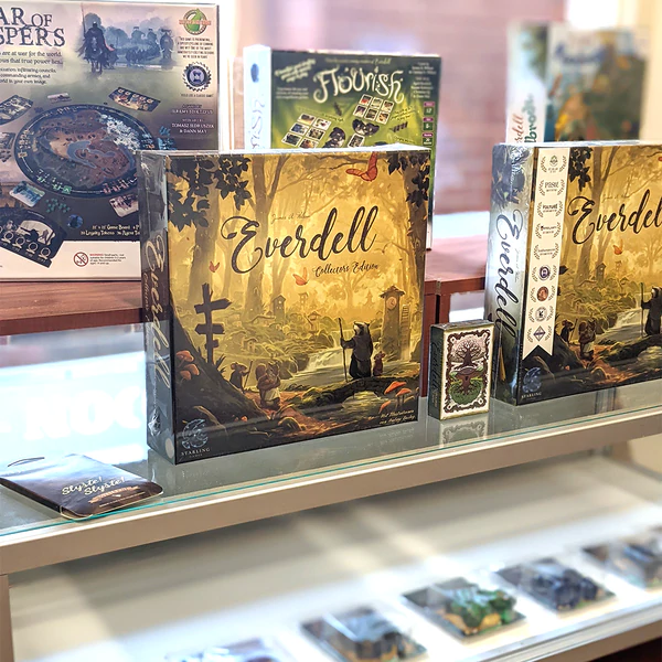 Glimmerhold Game store Tabletop Tycoon Starling games Victory point flying meeple everdell rock manor PolyHero Dice