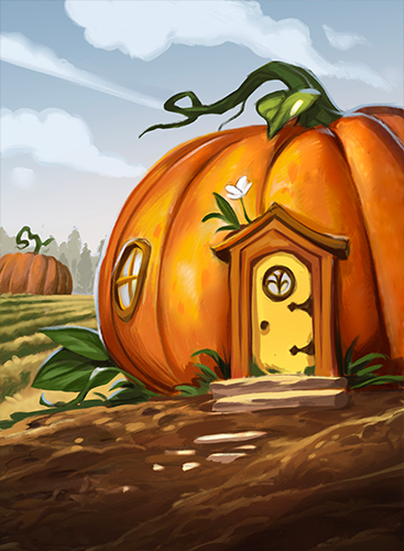 A cute, cartoon stylized pumpkin house in a field with other pumpkin houses in the distance.  From the Everdell Mistwood expansion, Corrin Farm.