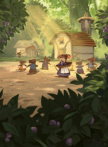 A cartoon Mouse mother carrying a basket of berries with mouse children playing a game.  Art from the Everdell Farm card.