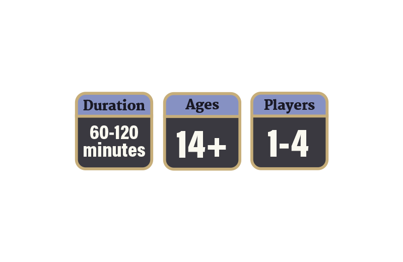60 to 120 minutes play time, ages 14 and up, 1 to 4 players