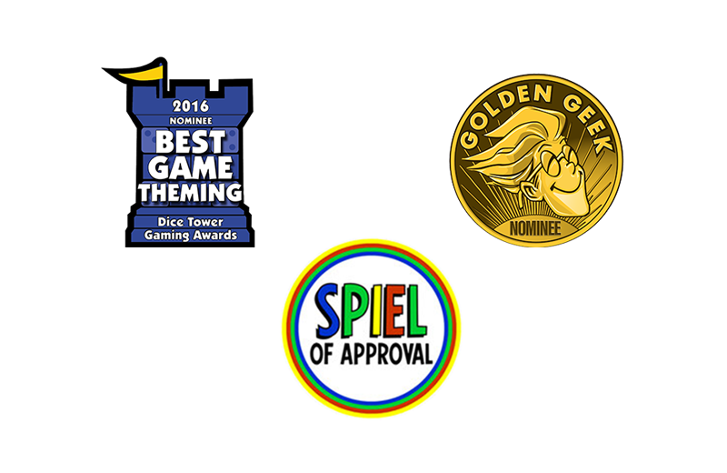 2016 Nominee for Best Game Theming from Dice Tower Gaming Awards.  Golden Geek award Nominee.  Spiel of Approval.