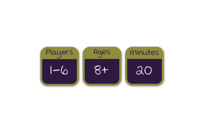 1 to 6 players, ages 8 and up, 20 minutes play time