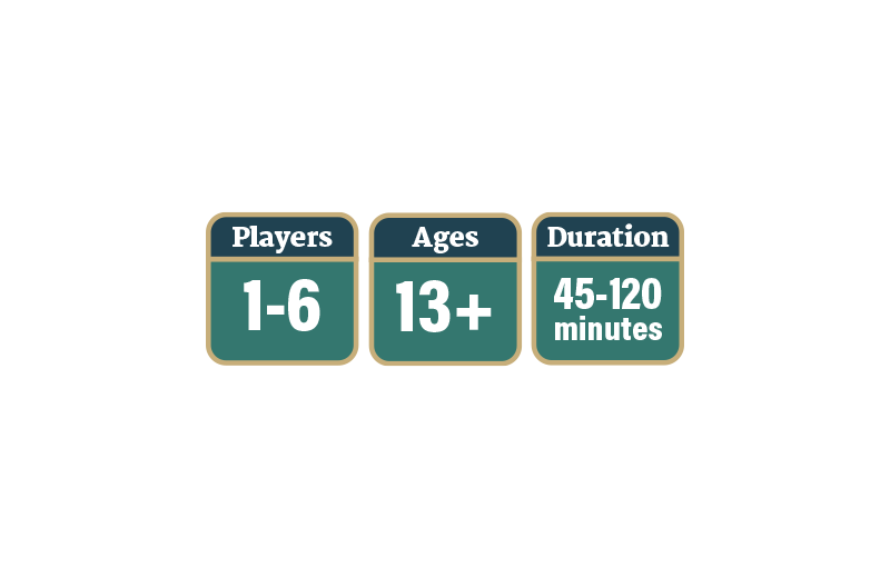 1 to 6 players, ages 13 and up, 45 to 120 minute play time