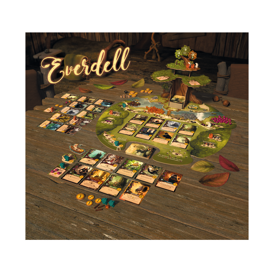 Gameplay set up of the Everdell Standard edition.  Everdell game board, player cities, and the Ever Tree.
