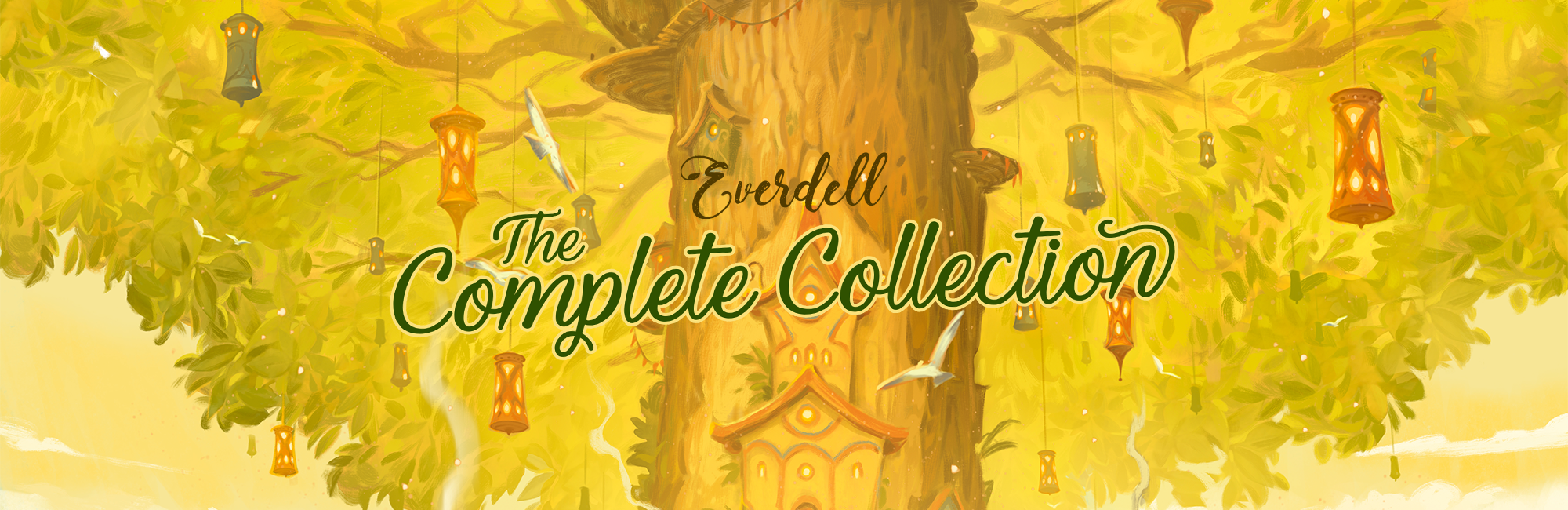 Cover art from the Everdell Complete Collection featuring the Ever Tree with a tranquil sky.