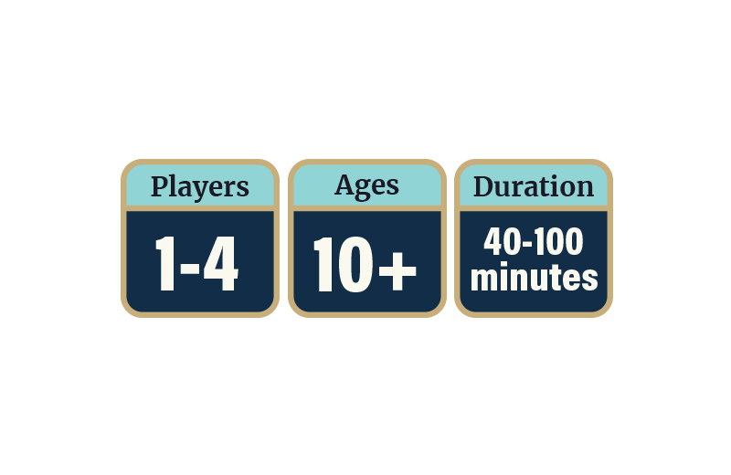 1 to 4 players, ages 10 and up, 40 to 100 minutes play time