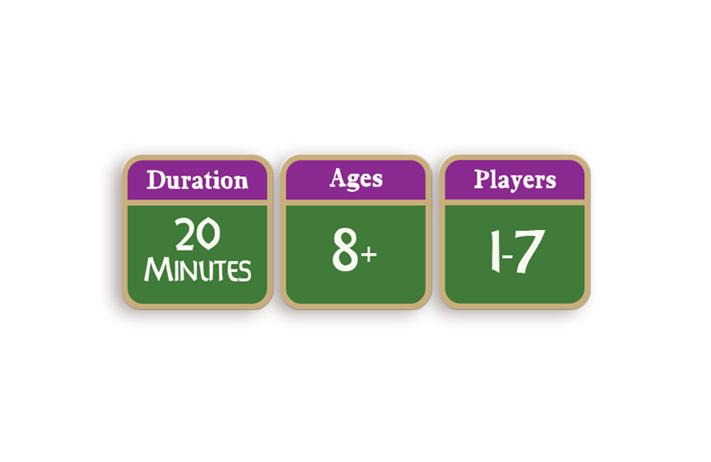 20 min play time, ages 8 and up, 1 to 7 players