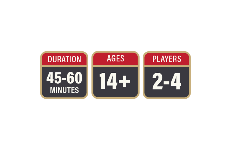 45 to 60 minutes play time, ages 14 and up, 2 to 4 players