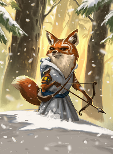 A cartoon bounty hunter fox drawing back a bow in a snow covered forest from the Everdell Spirecrest expansion.