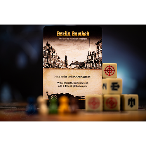 Black Orchestra Berlin Bombed card detail detail of custom dice