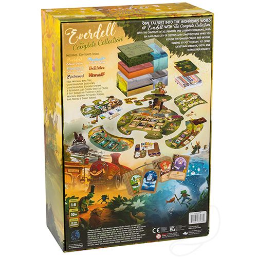 Back of the box detail for Everdell Complete Collection.  Game layout for Everdell base game with all expansions.