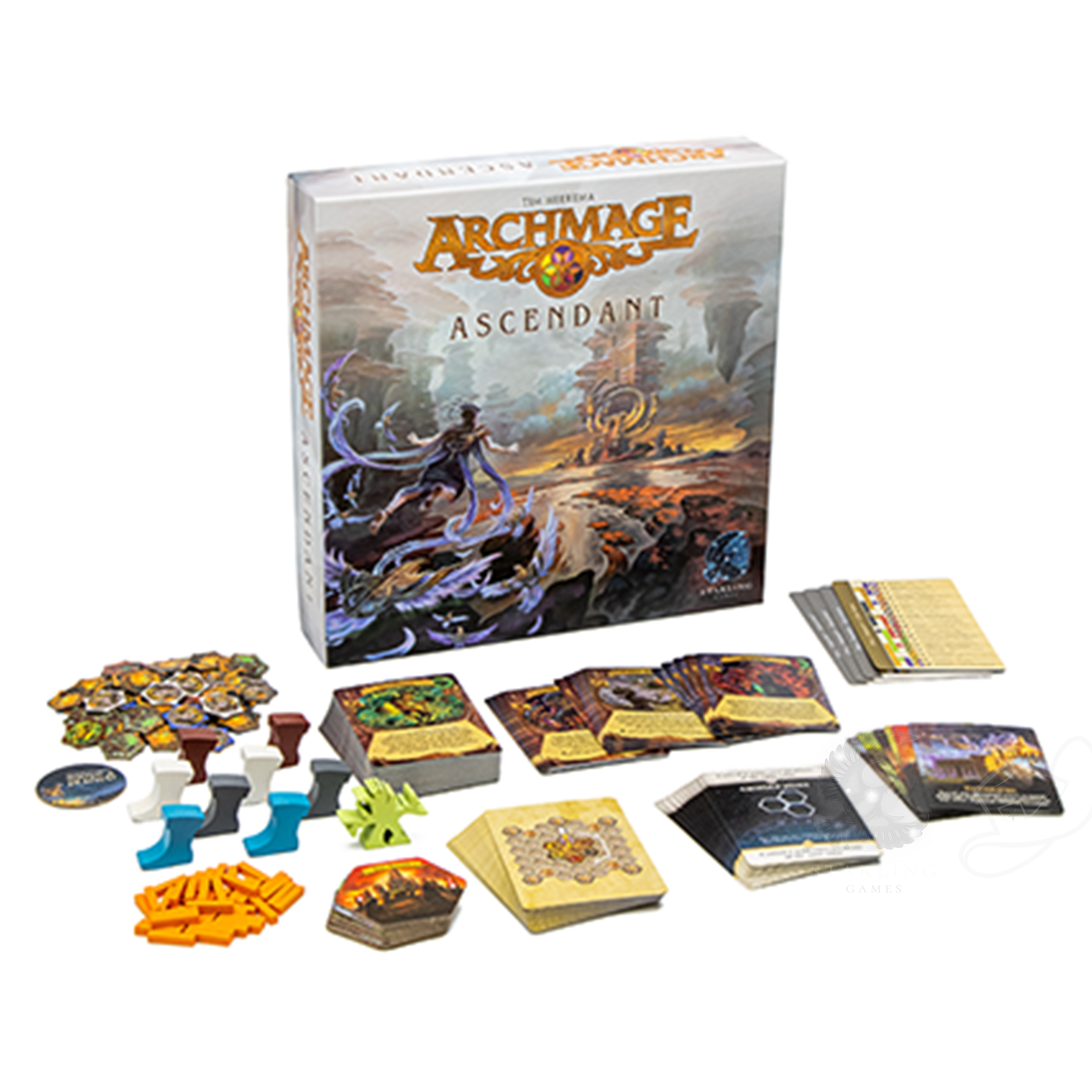 Archmage board game expansion Ascendant pieces cards board and minis