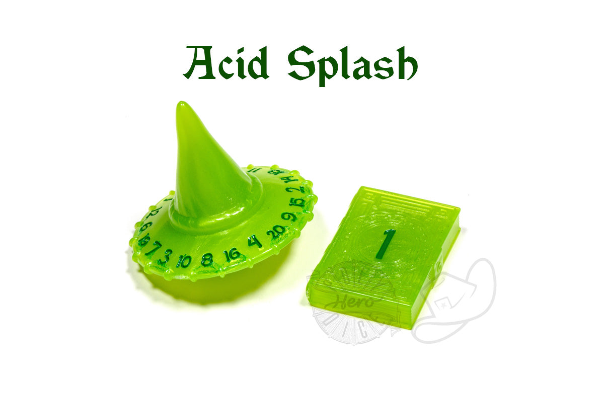 PolyHero Wizard d20 Wizard Hat and d2 Spellbook acid splash
