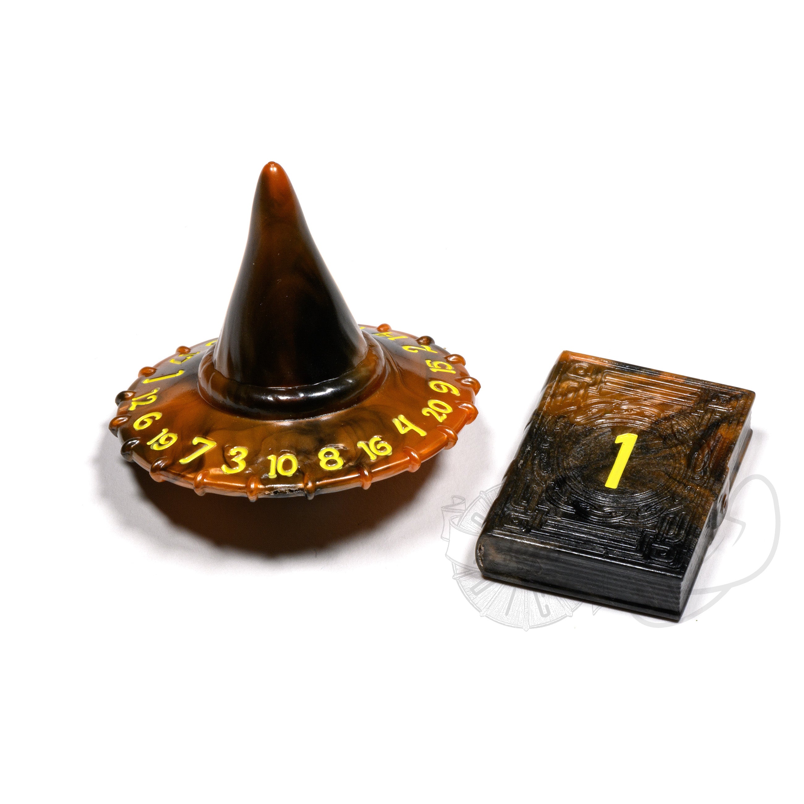PolyHero Wizard d20 Wizard Hat and d2 Spellbook smoldering ember