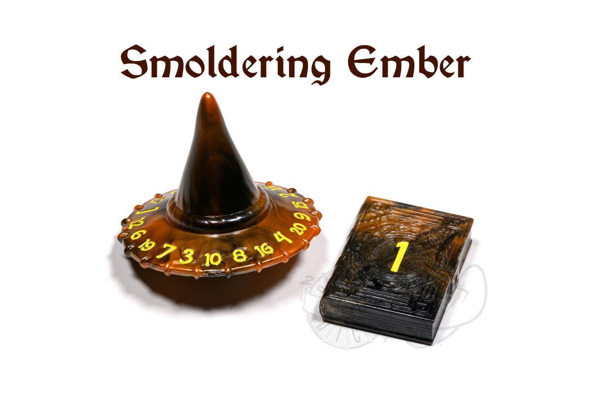 PolyHero Wizard d20 Wizard Hat and d2 Spellbook smoldering ember